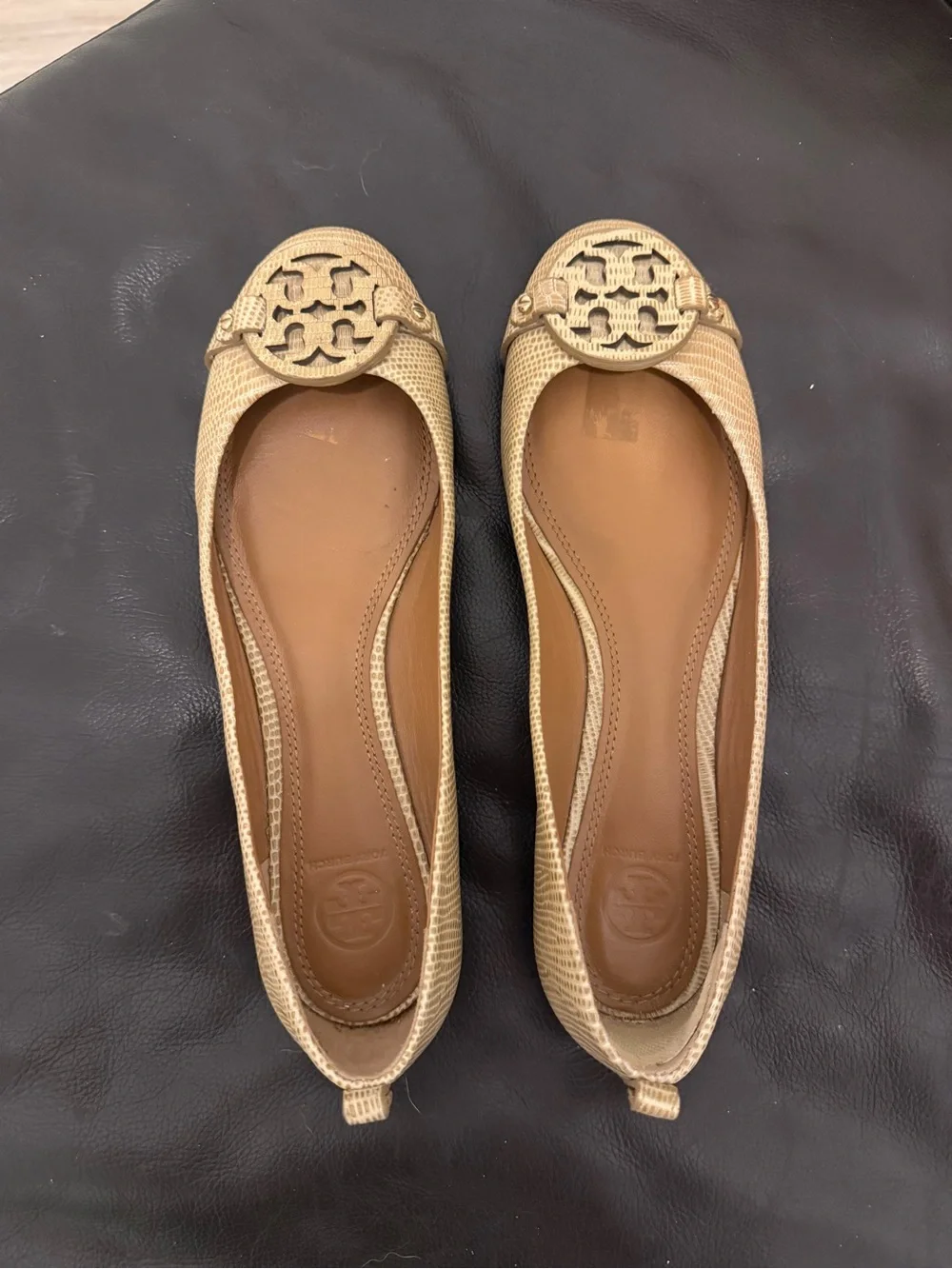 Tory Burch Neutral Tan Leather Logo Ballet Flats